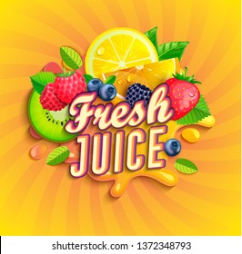 Fresh juice logo with splash, fruits and berries on sunburst background.Orange,lemon, strawberries,blueberries,raspberries and blackberries for banner,poster,brand,template and label,packaging,packing