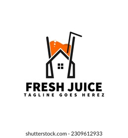 fresh juice logo template with juice glass and house icon