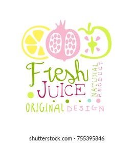 Fresh juice natural product original design logo template, multifruit juice label, eco product element, colorful hand drawn vector Illustration