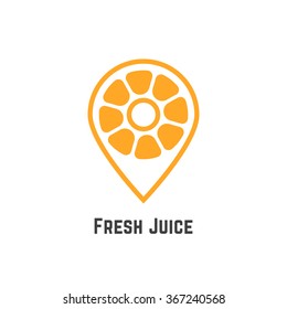 fresh juice with orange like map pin. concept of nutrition, citric, pointer, search, find bar, freshness, cafe spot. isolated on white background. flat style modern brand design vector illustration