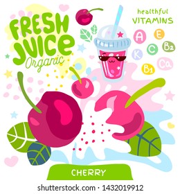 Fresh juice organic glass cute kawaii character. Abstract juicy splash fruit vitamin funny kids style. Cherry berry berries yogurt smoothies cup. Vector illustration.
