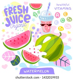 Fresh juice organic glass cute kawaii character. Abstract juicy splash fruit vitamin funny kids style. Watermelon yogurt smoothies cup. Vector illustration.