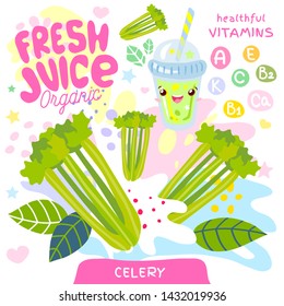 Fresh juice organic glass cute kawaii character. Abstract juicy splash vegetables vitamin funny kids style. Celery vegetable green smoothies cup. Vector illustration.