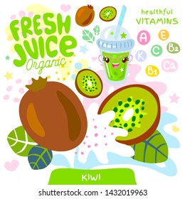 Fresh juice organic glass cute kawaii character. Abstract juicy splash fruit vitamin funny kids style. Kiwi tropical exotic yogurt smoothies cup. Vector illustration.
