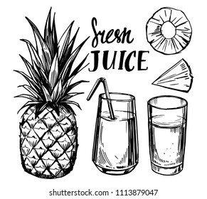 Fresh juice. Pineapple. Hand drawn sketch converted to vector
