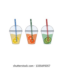 Fresh juice in plastic cups vector illustration. Juice with fruit in takeaway cup.