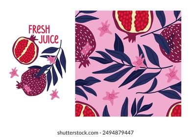 Fresh Juice. Pomegranate fruit with leaf and seamless Pomegranate pattern. Punica granatum. Fresh fruits Vector Summer Repeated background for textile, fabric, paper, wallpaper, packaging