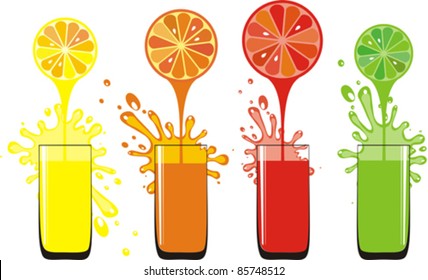 fresh juice pours from fruits in a glass isolated on White background. Vector illustration