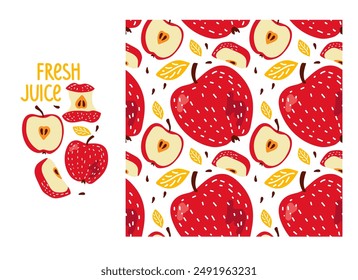 Frischer Saft. Rote Apfelfrucht- und Apfelscheiben mit Blatt- und nahtlosem roten Apfelmuster. Frischobst Vektorgrafik Sommererz Herbst Wiederholter Hintergrund für Textil, Stoff, Papier, Bildschirmhintergrund, Verpackungen