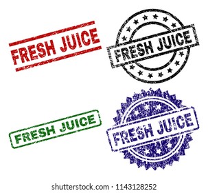FRESH JUICE seal prints with damaged style. Black, green,red,blue vector rubber prints of FRESH JUICE caption with scratched style. Rubber seals with circle, rectangle, medallion shapes.