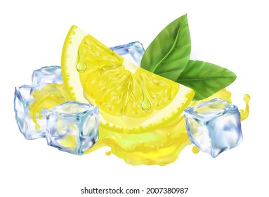 Fresh juice with a slice of lemon, a refreshing summer drink with ice. Healthy vitamin cocktail, lemonade.