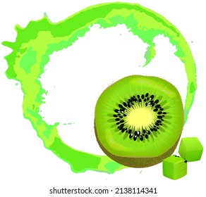 Fresh juice stain, splashes and drops near ripe kiwi with seeds vector illustration. High quality abstract texture for menu, bar, cafe, restaurant. Fruit, green fresh stain, trace round shape