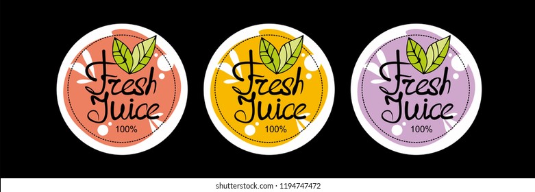 Fresh juice sticker. Emblems logo and labels.