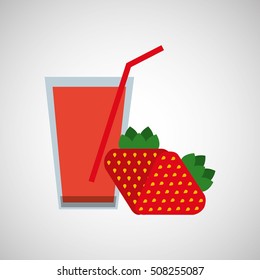 fresh juice strawberry and cup glass straw design vector illustration eps 10