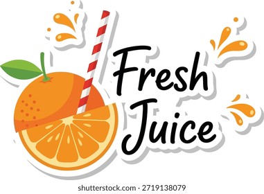 Texto de suco fresco com fruta de laranja e ilustração de vetor de palha para rótulos de bebidas.