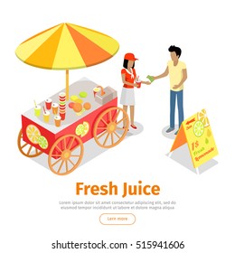 Fresh juice web banner. Street cart store on wheels with juices, seller with paper cup full of lemonade and buyer with money isometric projection vector on white background. For fast food cafe ad