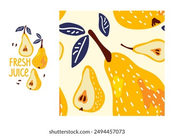 Fresh Juice. Yellow Pear fruit and Pear slices with leaf and seamless Yellow Pears pattern. Fresh fruits Vector Summer ore Autumn Repeated background for textile, fabric, paper, wallpaper, packaging