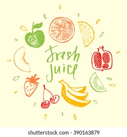 Fresh Juice.Design Element For Eco Mixed Fresh Juice And Drink. Fitness, Diet And Calorie. Logo Fresh Juice. Fruit Menu And  Bar.