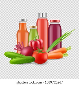 Fresh juices isolated on transparent background. Vector vegetables juice