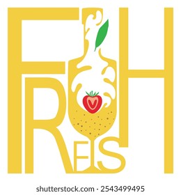 Fresh juices logo. Glass and bottle of lemon and strawberry drink with splash. Fruit Lemonade emblem. Smoothie label. Colorful yellow template. For brand, packaging, advertising. Vector illustration