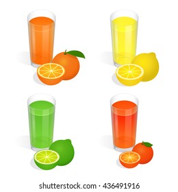 Fresh juices set. Design elements for cafe and restaurant menu. Healthy eating concept. Flat 3d vector isometric illustration