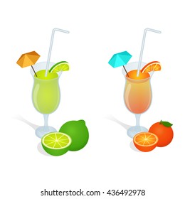 Fresh juices set. Design elements for cafe and restaurant menu. Healthy eating concept. Flat 3d vector isometric illustration