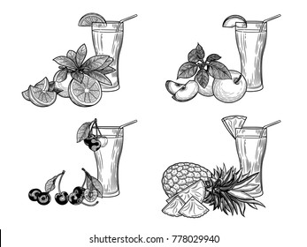 Fresh juices set. Pineapple, Apple, cherry, orange. Fresh fruit. Vector.