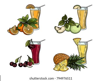 Fresh juices set. Pineapple, Apple, cherry, orange. Fresh fruit. Vector.