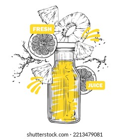 Fresh juices set. Pineapple, orange. Fresh fruit. Vector.