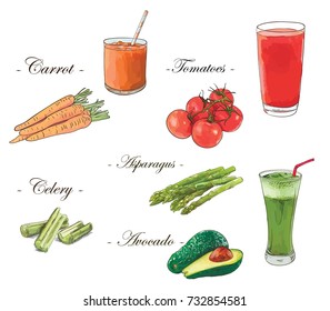 Fresh juices vector set of carrot, tomato, celery,asparagus and avocado
