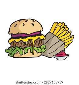 Fresh juicy beef burger with cheese, lettuce, tomato, and sesame bun isolated on white background. Fast food menu mockup