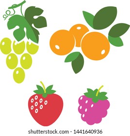 Fresh juicy berries, raspberry, strawberries, grapes, sea buckthorn with leaves, isolated on white background, vector illustration