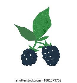 Ilustración plana vectorial de cereza negra fresca. Bayas comestibles de mano con tallo y hojas aisladas en fondo blanco. Frutos dulces deliciosos, nutrición sana estacional