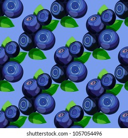 Fresh juicy blueberries with leaves seamless pattern. Cartoon style vector illustration.