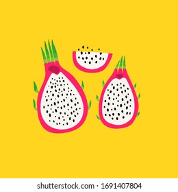 Fresh juicy Dragon fruit. Cut in half. Product of Thailand. Tasty slice or piece. Hand drawn colored Vector illustration. Isolated on yellow background