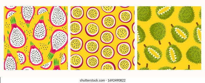 Fresh juicy Dragon fruit, Passion Fruit and Durian. Cut in half. Product of Thailand. Tasty slice or piece. Hand drawn colored Vector illustrations. Set of three seamless Patterns, Backgrounds
