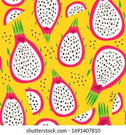 Fresh juicy Dragon fruit. Tasty slice or piece. Seamless pattern. Yellow Background.