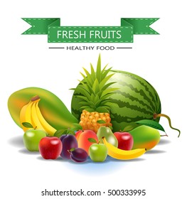 Fresh juicy fruit and berries isolated on white background.