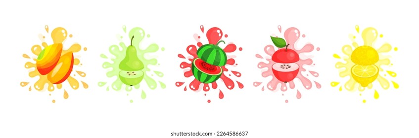 Fresh and Juicy Fruit Cut on Half with Splashes Vector Set