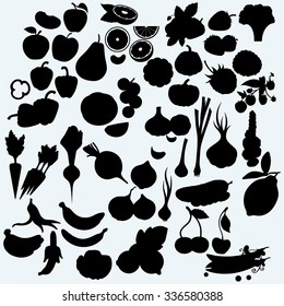 Fresh, juicy fruits and vegetables, set of harvest. Isolated on blue background. Vector silhouettes