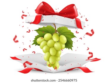 Uvas jugosas frescas en caja de regalo abierta con un lazo rojo aislado sobre fondo transparente. Manojo maduro de uvas como regalo, diseño de verano. Alimentación saludable, dieta vegetariana. Ilustración vectorial 3D realista