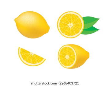 Fresh juicy lemon citrus fruit icon set vector isolated on a white background. Whole, half, slice lemon fruit icon set vector. Vitamin C food sources design element