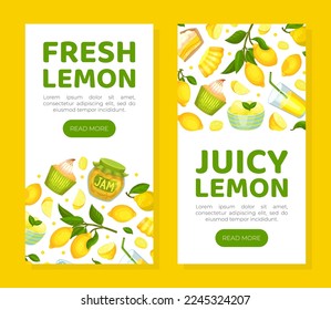 Fresh juicy lemon mobile app templates set. Eco organic vegetarian product web banner, landing page cartoon vector