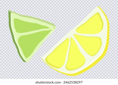 Frische saftige Limetten- und Zitronenfrüchte im Cartoon-Stil. Set von leckeren Limetten, Zitrone in Stücke geschnitten isoliert auf transparent. Bio-Früchte für Limonadensaft, Vitamin C gesunde Lebensmittel. Vektorillustration