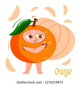 Fresh juicy orange cartoon character orange. Funny cute mandrarin. Background of orange, mandarin slices.