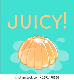 Fresh juicy orange jelly on bright green background with text, drop and abstract elements. Vector squared banner.