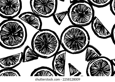 Fresh and juicy orange slices. Citrus seamless background. Monochrome fruits slices