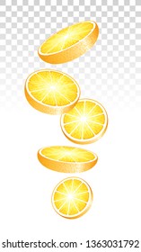 Fresh Juicy Orange Slices Falling Down On Transparent Background. Vector Photo Realistic 3d Illustration. Perspective View