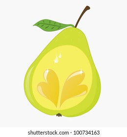 The fresh juicy pear with abstract hearts and drops isolated on white.  Vector illustration.