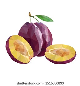 Fresh juicy plum isolated on a white background. Colorful half and whole plum with a leaf. Perfect for juice or jam. Vector illustration